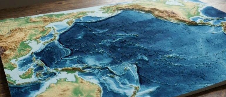 Физическая карта Тихого океана крупным планом с оттенками глубин