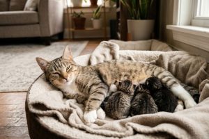 Кошка кормит котят в чистом уютном домике
