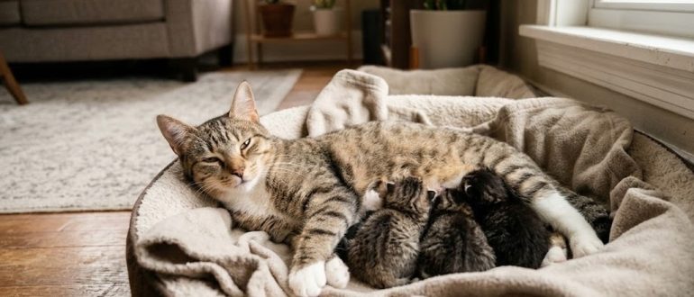 Кошка кормит котят в чистом уютном домике