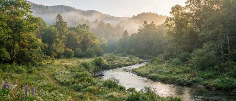 Лес с рекой и лугом в утреннем свете