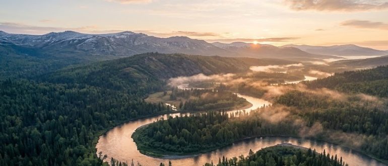 Просторы тайги и широкая река на рассвете