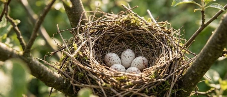 Птичье гнездо с яйцами на ветке дерева