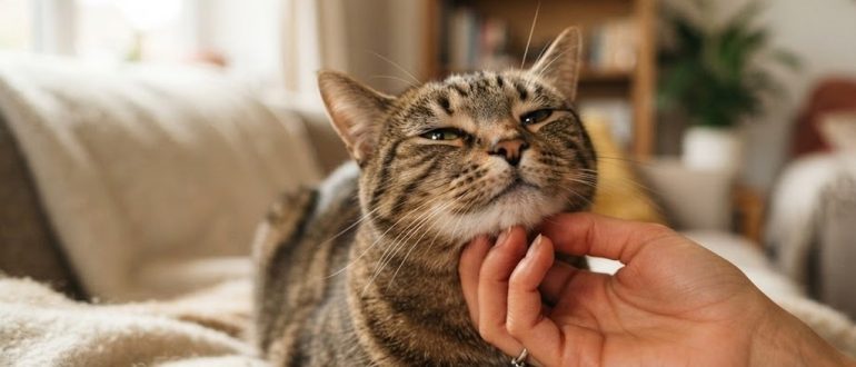 Рука гладит расслабленную полосатую кошку под подбородком