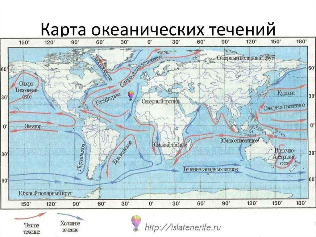 Карта течений мирового океана: основные морские и океанические потоки, стоковые и ветровые виды