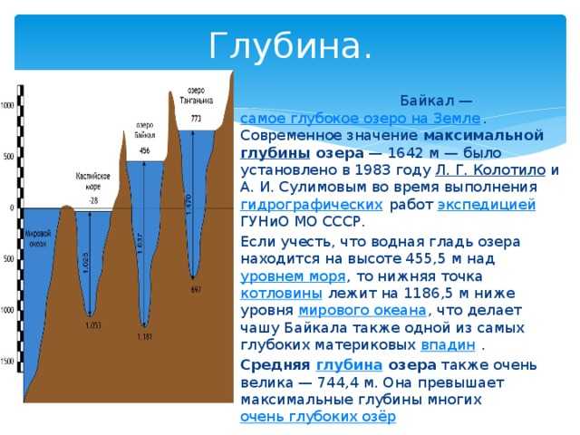 Максимальная глубина озера в метрах. Глубина озера Байкал максимальная.