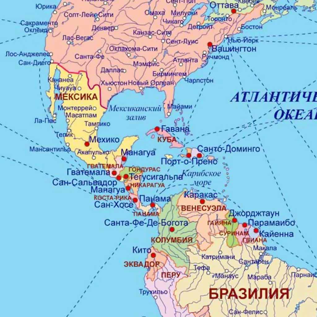 Карта Северной Америки и Южной Америки со странами и столицами