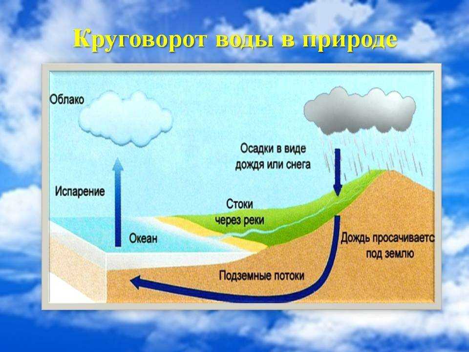 Круговорот воды в природе, или гидрологический цикл - это процесс, благодаря которому вода непрерывно перемещается между географическими оболочками Земли, переходя из одного агрегатного состояния в другое