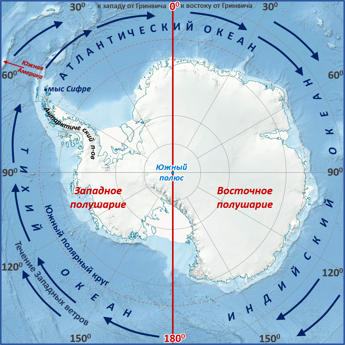 Положение антарктиды к океанам. Мыс Сифре на карте Антарктиды. Моря: Амундсена, Беллинсгаузена, Росса, Уэдделла.. Мыс Сифре Антарктида. Южный полюс на карте Антарктиды.